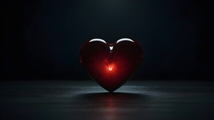 A shiny red heart glows softly, casting reflections on a dark, shadowy surface. The surrounding darkness contrasts with the heart's subtle illumination, creating a dramatic and emotional mood.
