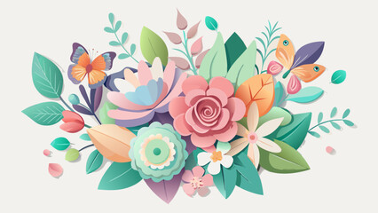 Vector art of a vibrant papercut floral arrangement featuring various blooms, leaves, and butterflies on a soft, neutral background