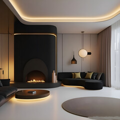 Modern living room design with fireplace black sofa and curtains interior decor ideas home