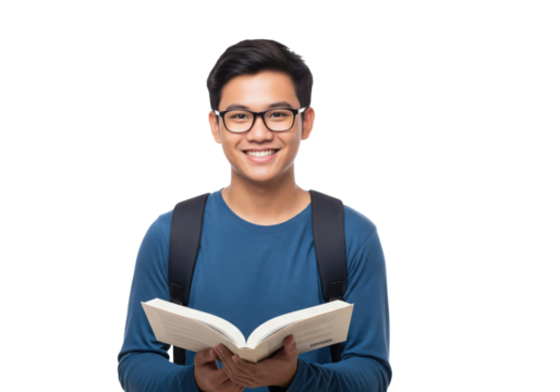 Happy Student with Book and Backpack, isolated on a transparent background

