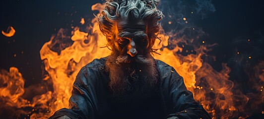 surreal photograph of an old man with his head on fire, generative AI
