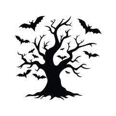 Silhouette of spooky tree and bats against white background for Halloween