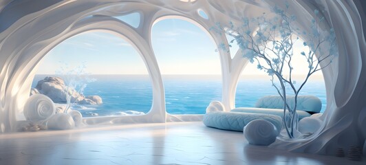 Fototapeta premium A white cave with a sea view, the interior decorated in a boho style with blue and green pastel colors, generative AI