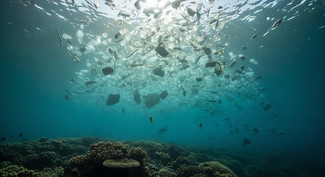 Ocean plastic pollution underwater coral reef