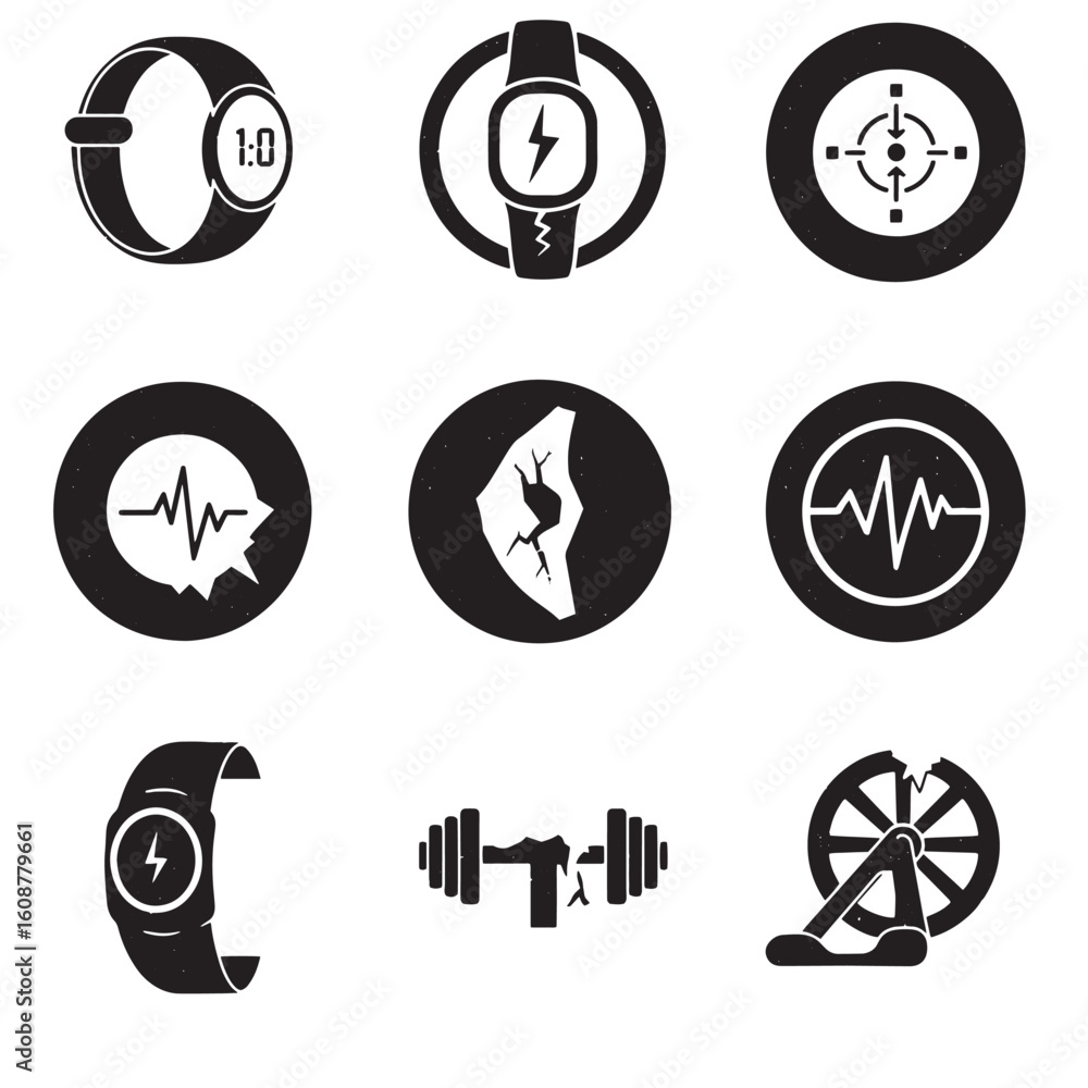 Poster collection of black and white vector icons representing technological breakdowns and failures