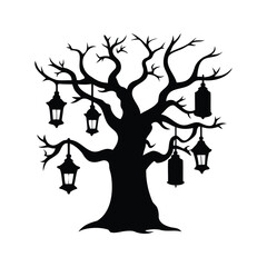 Spooky tree with lanterns hanging from its branches in a black silhouette