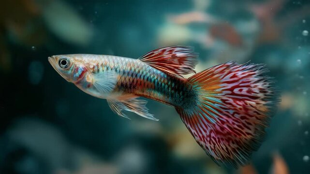 Guppy in Aquatic Splendor: A captivating macro shot reveals a vibrantly colored guppy fish gliding gracefully through the clear water of its aquatic habitat, displaying its beautiful patterns.