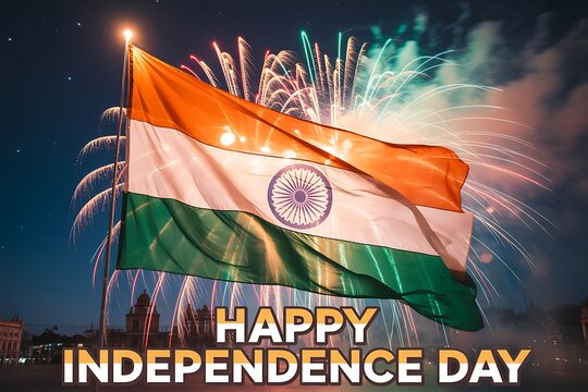 Celebrate India's Independence Day with a vibrant flag and spectacular fireworks illuminating the night sky