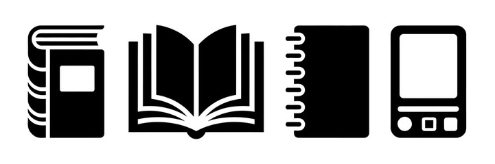 Black and White Book and Reading Icons. Closed Book, Open Book, Spiral Notebook, and E-Reader Silhouettes for Education, Library, Study, and Digital Learning Design