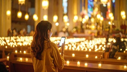 Woman in church using phone