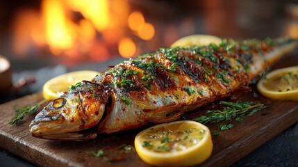 A beautifully grilled whole fish garnished with lemon slices and herbs, placed on a wooden board, showcasing a delicious and appetizing dish.