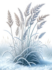 A stunning close-up of frosted grass and reeds, covered in a shimmering layer of ice and snow. 