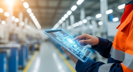 Worker uses tablet with digital interface in modern warehouse