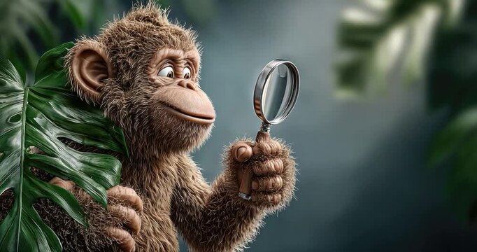 Cartoon monkey with magnifying glass in jungle