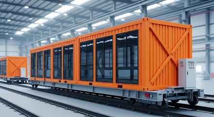 Modern orange cargo containers on a train track inside a large industrial warehouse