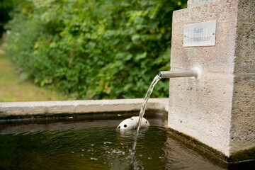 „Kein Trinkwasser“-Schild über sprudelndem Rohr mit Wasserfluss