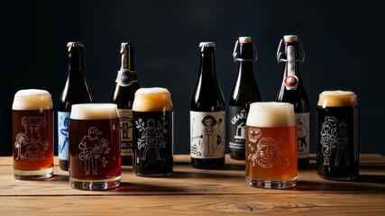 Various beer types in custom glasses with bottles and foam heads arranged on a wooden surface, ready for celebration footage.