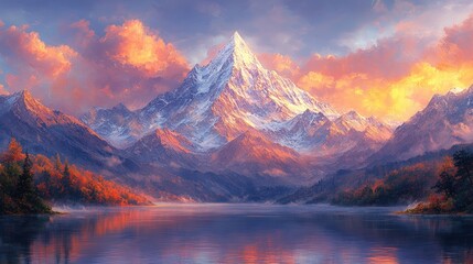 Fototapeta premium Majestic mountain peak over a tranquil lake at sunset