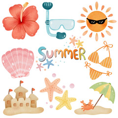 Hello Summer Beach Clipart Set Hand drawn illustration paper texture with transparent background 