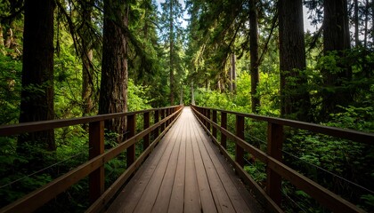 Wooden boardwalk path through lush forest