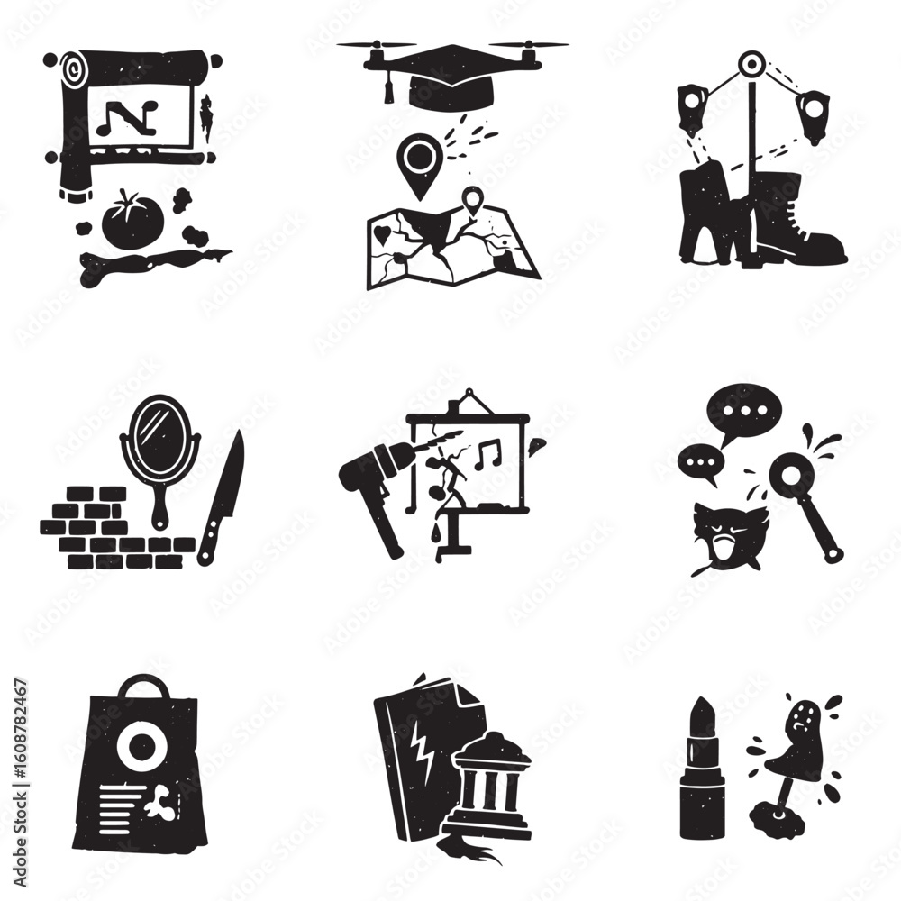 Aufkleber nine unique hand drawn black icons representing various concepts and visual elements