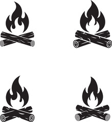 Four stylized black campfire icons with flames and crossed logs isolated on transparent background