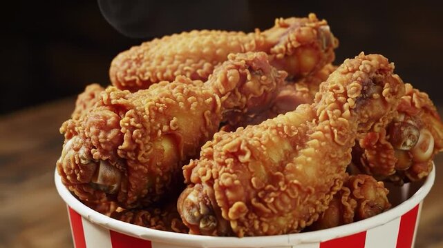 Fried chicken wings and legs. Bucket full of crispy kentucky fried chicken. Rotation 360 degrees. 4K UHD video footage.