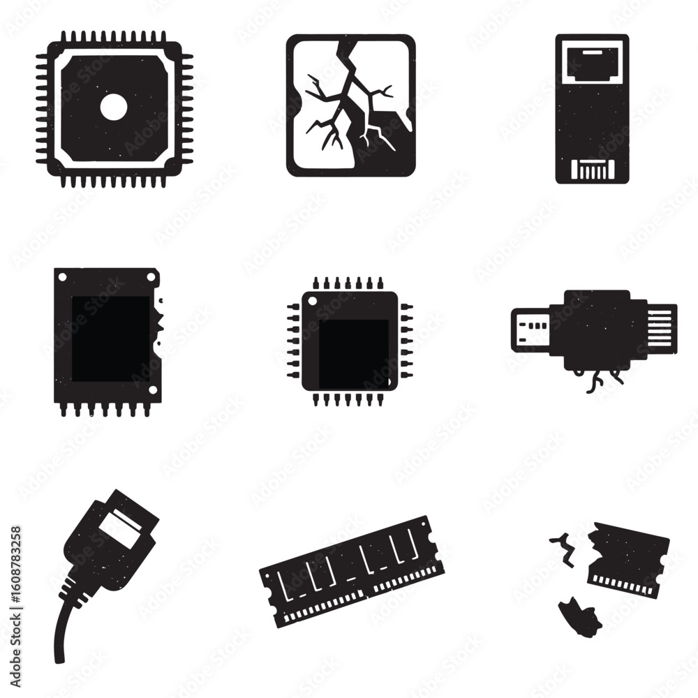 Aufkleber vector illustrations of computer components including cpu ram and damaged hardware elements