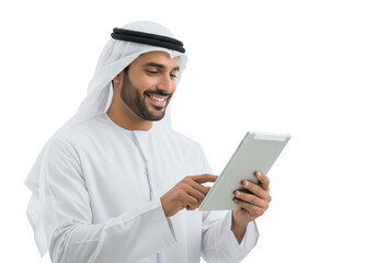 Smiling Arab Man Using Tablet, isolated on a transparent background