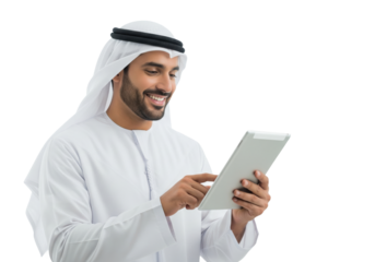 Smiling Arab Man Using Tablet, isolated on a transparent background

