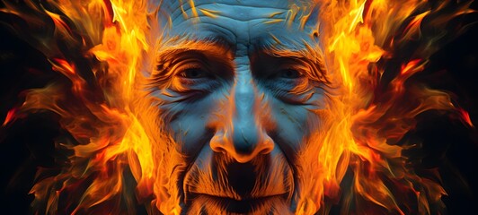surreal photograph of an old man with his head on fire, generative AI