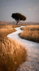 Golden field with a solitary tree under warm sunlight.