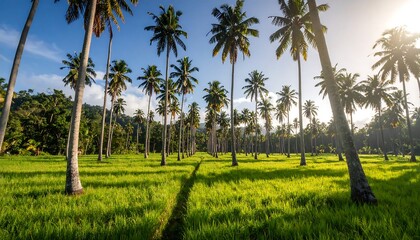 Fototapeta premium Sunlight streams through a grove of tall palm trees, casting shadows across a vibrant green field