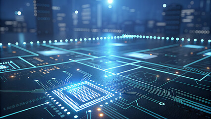 Futuristic digital circuit board with glowing blue lights and cityscape background