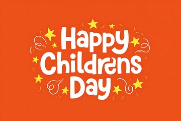 Festive happy childrens day celebration greeting on orange background with stars and swirls