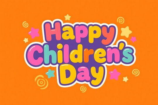 Colorful happy childrens day greeting on orange background with decorative stars and swirls