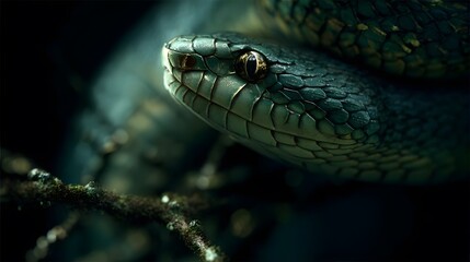 Dark snake with greenish scales slithering through branches in dim light.