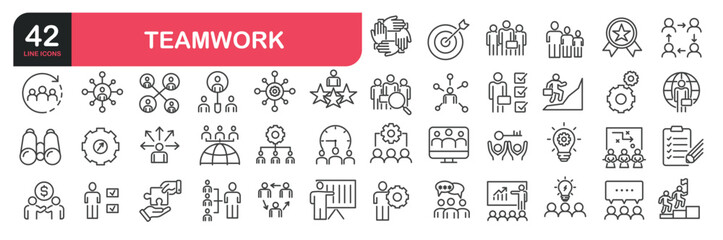Set of line icons related to teamwork, management, business, collaboration, partnership. Outline icons collection. Editable stroke. Vector illustration