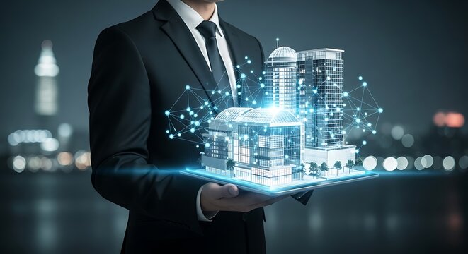 Businessman holding a futuristic holographic city model with glowing lights - Powered by Adobe