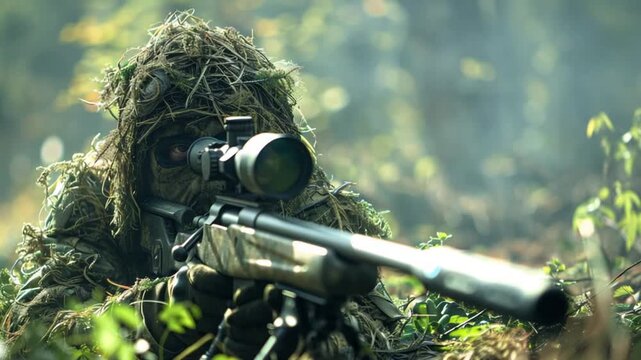 modern military sniper ghillie suit with foliage 4K Videos 