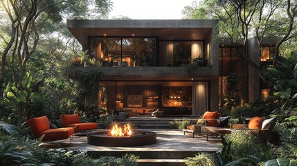 Modern house nestled in lush greenery, with outdoor fire pit