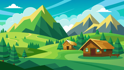 mountain green field landscape with wooden houses © Brojendra