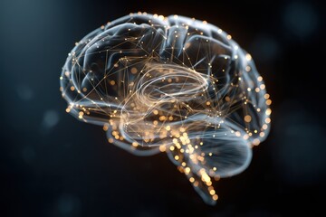 Futuristic brain model of AI, constructed from glowing lines and dots, visualizing neural activity.