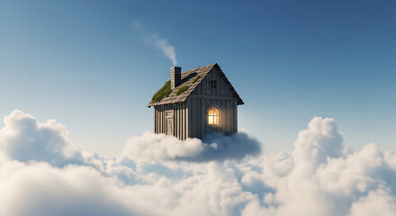 A quaint wooden house floats serenely amidst fluffy clouds, smoke curling from its chimney, a single lit window glowing warmly.