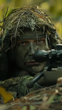 modern military sniper ghillie suit with foliage 4K Videos 