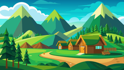 mountain green field landscape with wooden houses