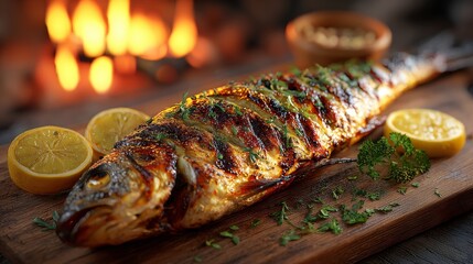 A beautifully grilled whole fish with lemon slices and herbs placed on a wooden board, ready to be enjoyed.