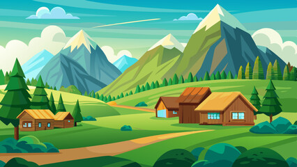 mountain green field landscape with wooden houses