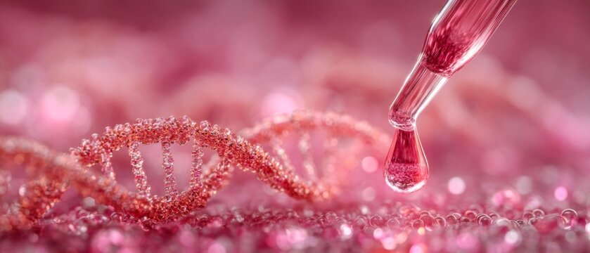 A drop of liquid is falling on a pink background, which is a representation of a DNA strand. Concept of the importance of DNA and its role in life