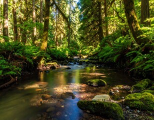 Obraz premium Sunlight streams through a lush forest, illuminating a tranquil creek (1)